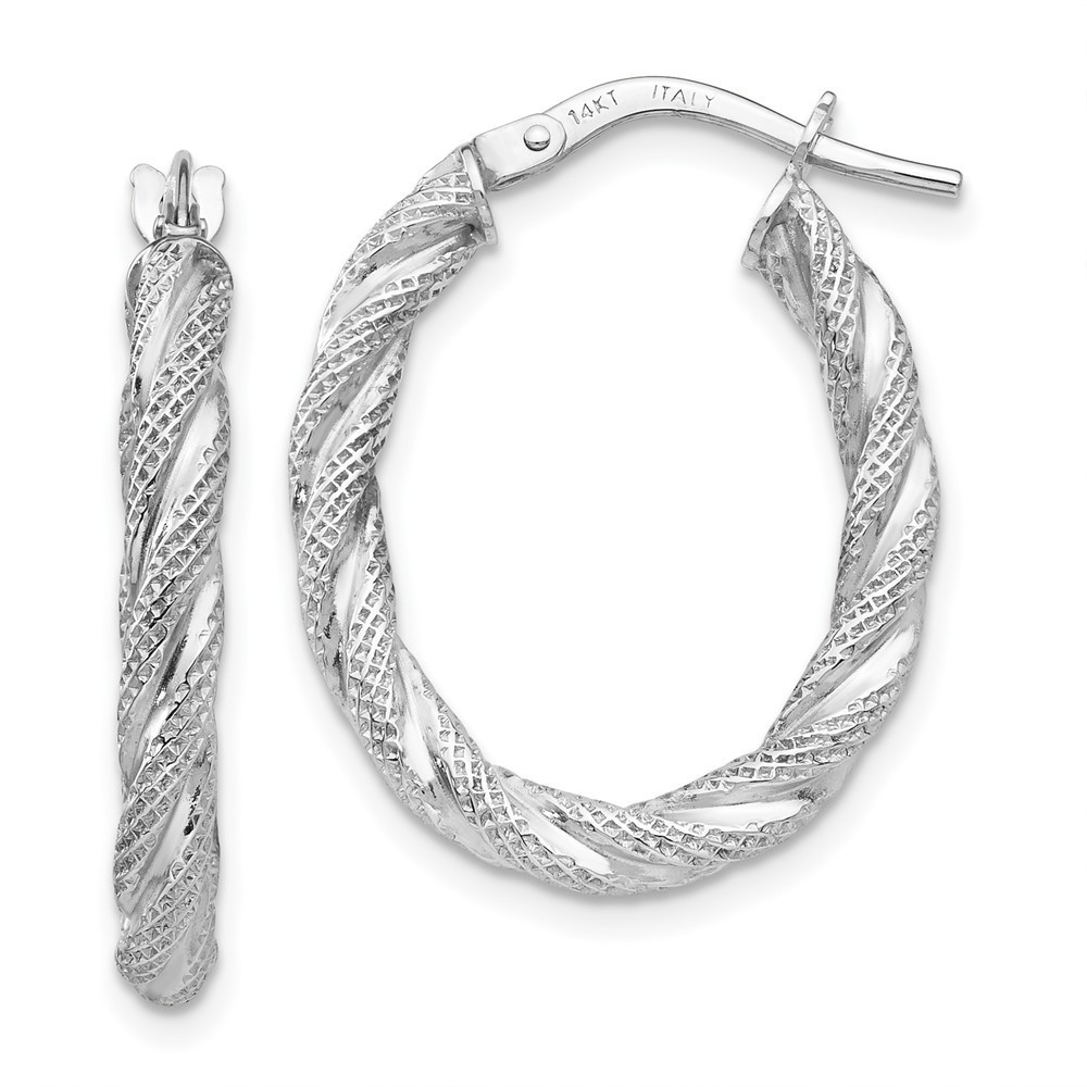 14K White Gold Twisted Textured Oval Hoop Earrings 24 L x 19.5 mm W